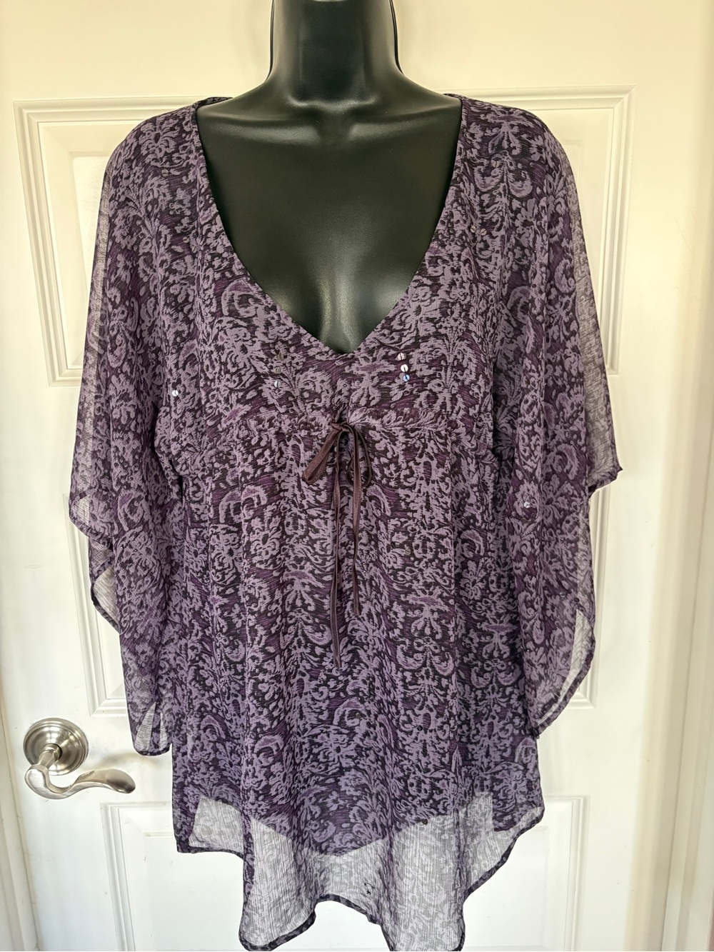 New York & Company Purple Printed V-Neck Tie-Front Tunic